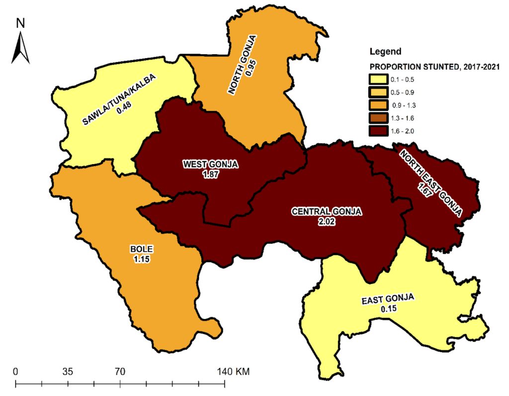Figure 3: Geospatial distribution of cumulative prevalence of stunting among children under five from 2017 to 2021 in Savannah Region, Ghana