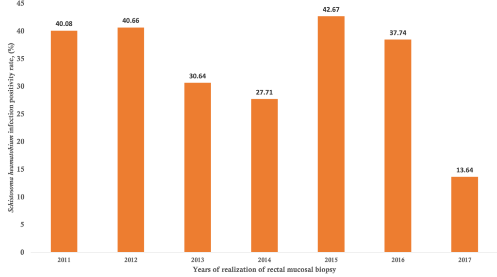 Figure 2 : Distribution of patients according to the year of rectal mucosal biopsy realization and the Schistosoma heamatobium infection positivity  