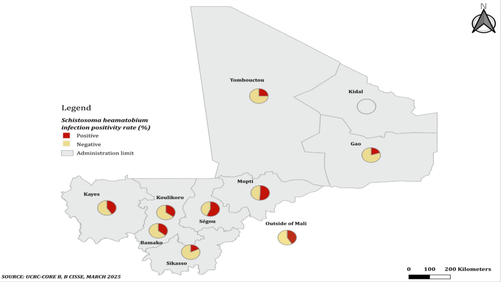 Figure 4: Map of spatial  distribution of Schistosoma heamatobium infection positivity rate by the residence