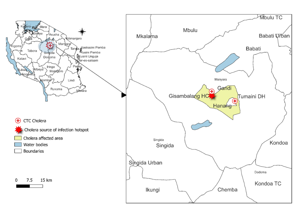 Figure 2. Map showing the cholera source of infection hotspot area, Care and Treatment centers (CTC).