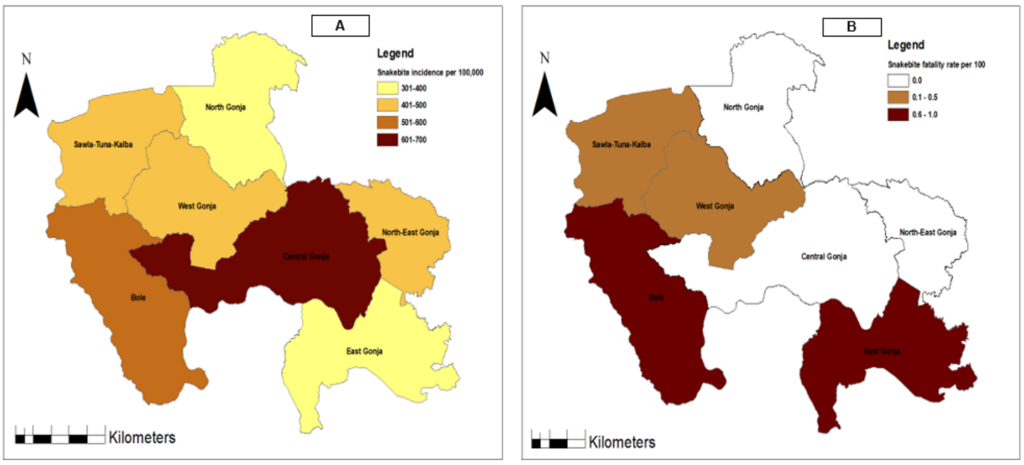 Figure 2: Geographical distribution of snakebite incidence (A) and fatality rate (B), Savannah Region, 2018-2022