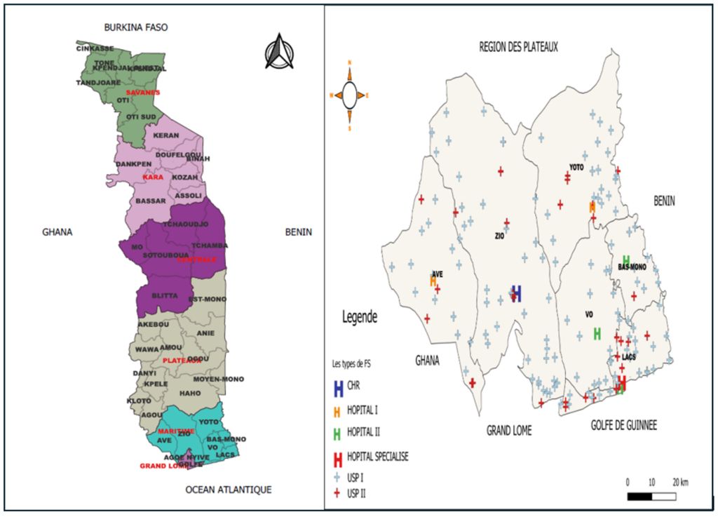 Figure 1 : Carte sanitaire du Togo (gauche) et de la région sanitaire de la Maritime (à droite) en 2023, Togo