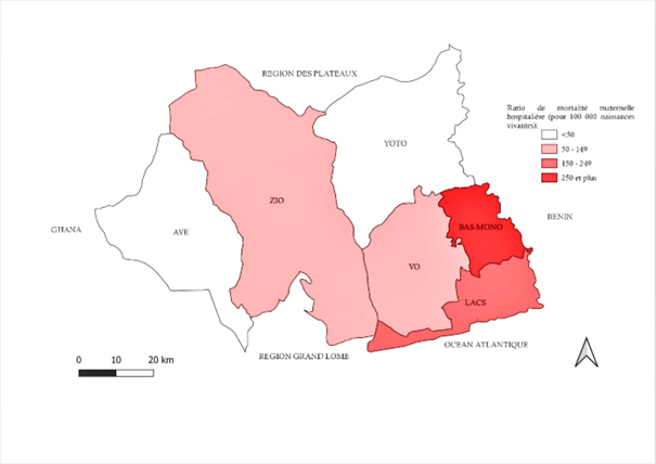 Figure 3: Ratios de mortalité maternelle dans la région maritime selon le district de provenance des mères décédées de 2019 à 2023, Région Maritime, Togo