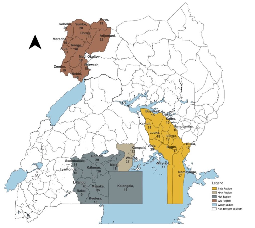 Figure. 1: Map of Uganda showing training regions during the Rapid Cascade training to improve capacity of Laboratory response teams in Uganda, 2022