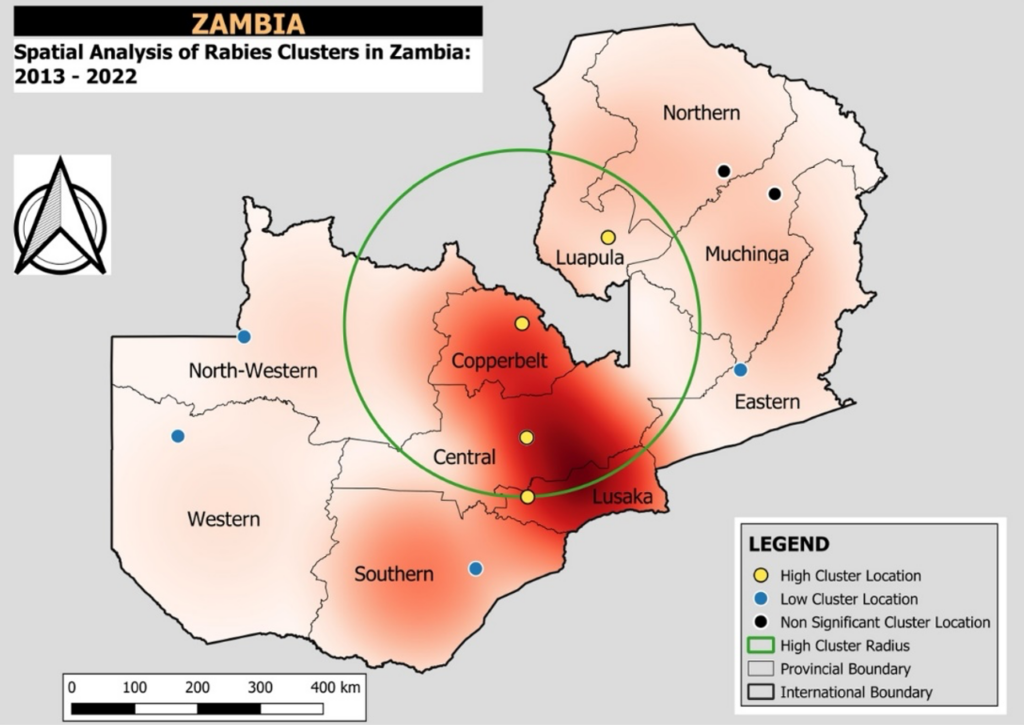 Figure 2: Spatial analysis of rabies clusters in Zambia 2013- 2022