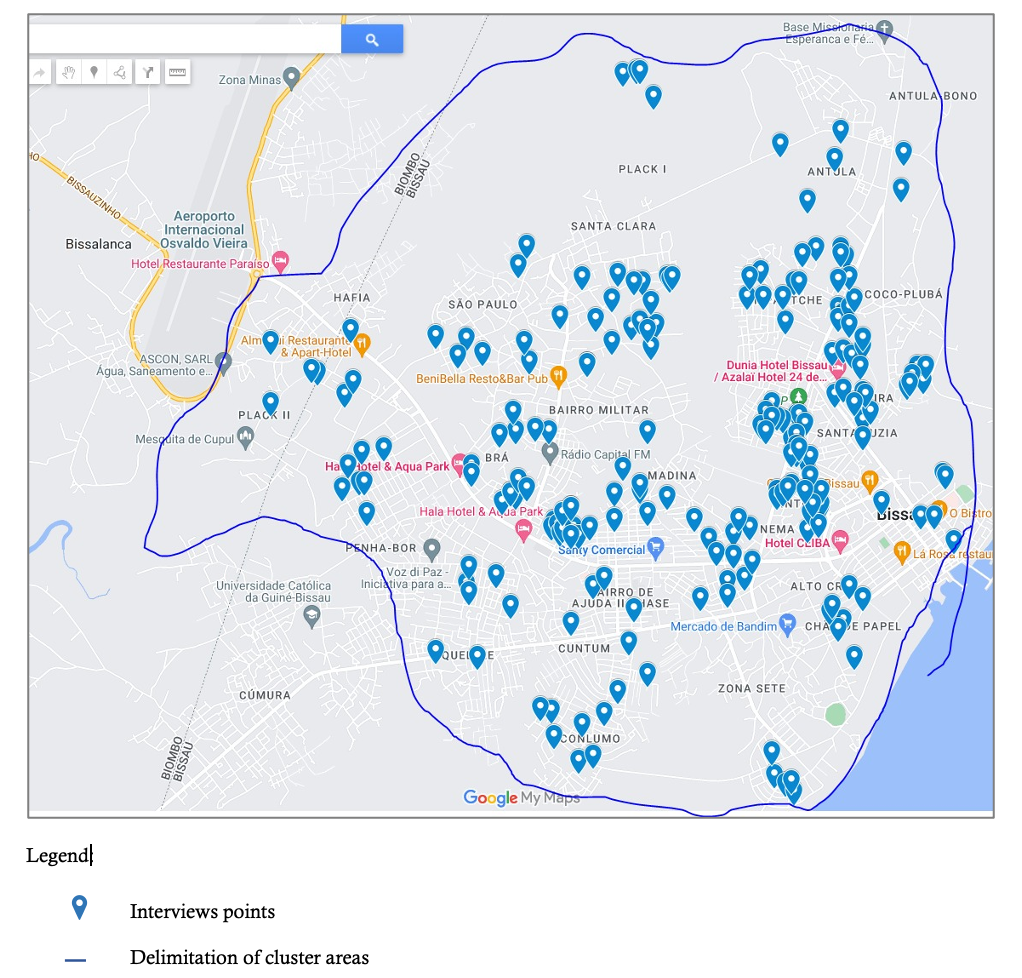 Figure 1: Spatial distribution of 209 interviewees in the 30 clusters of Bissau city, January 2023