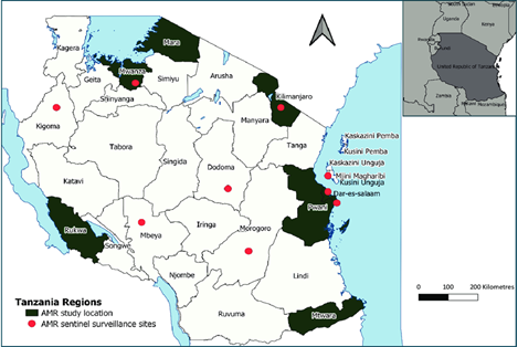 Figure 1: A map of Tanzania showing the Antimicrobial Resistance Surveillance Sites