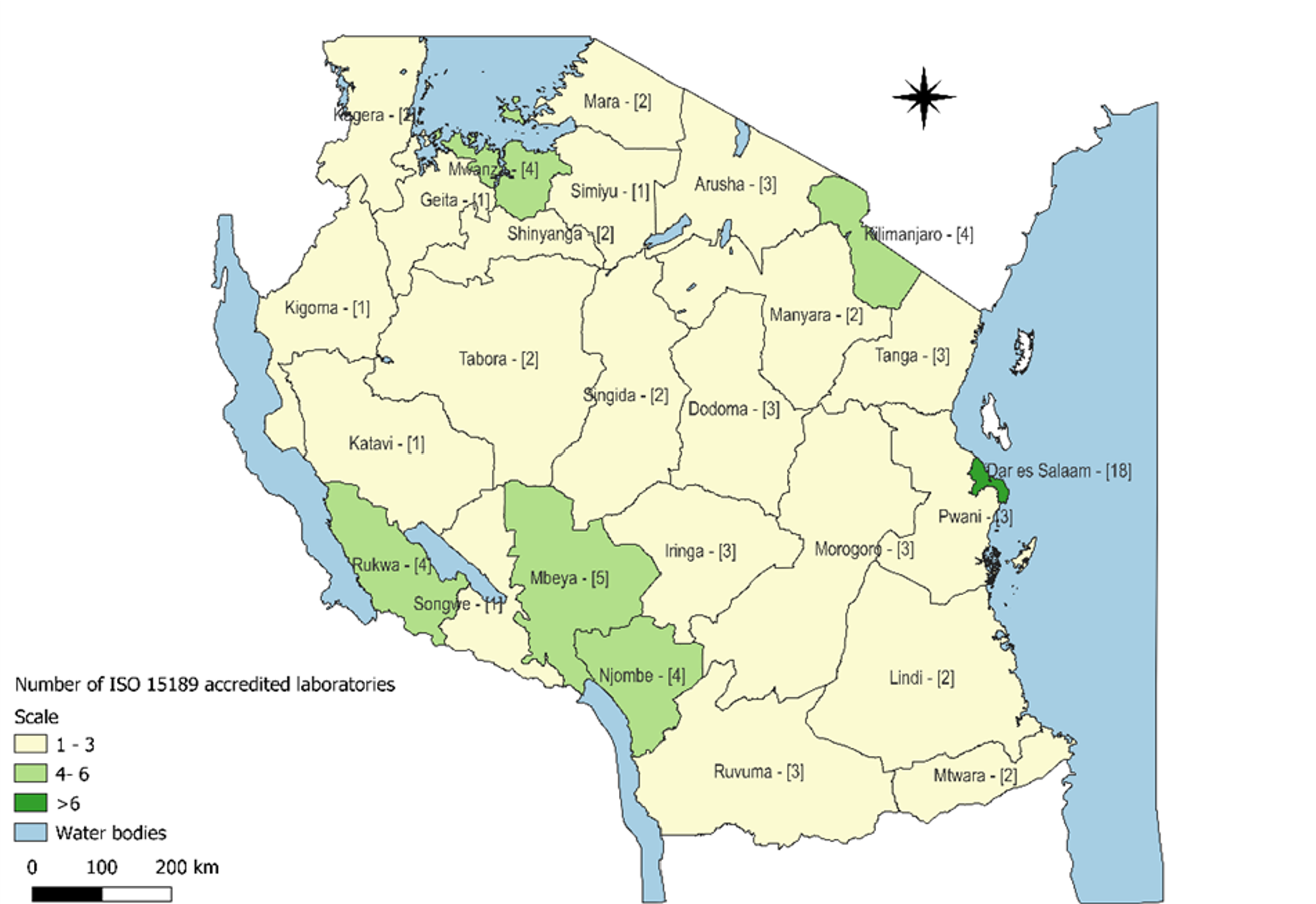 Figure 2. Cumulative number of accredited laboratories per region in Tanzania by 2024.