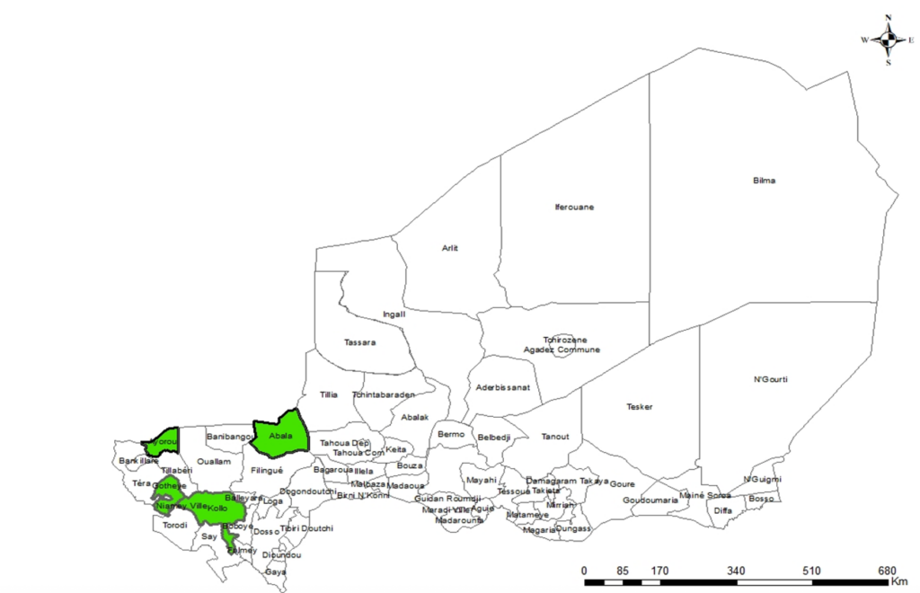 Figure 1: Tillabéri Health Region map in Niger and Health Districts implementing the enhancing community–based surveillance for acute flaccid paralysis, Tillabéri Health Region, 2020 – 2021