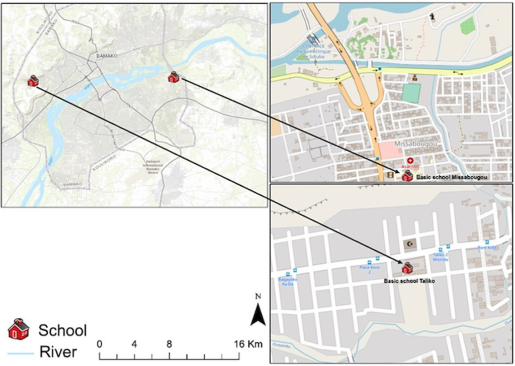 Figure 1: Map of the Bamako district indicating the geographic locations of the two study sites: Taliko and Missabougou schools