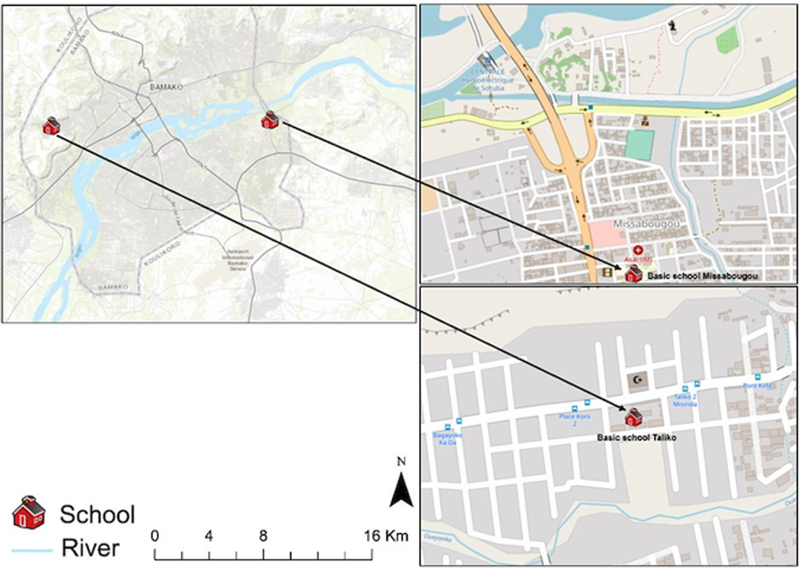 Figure 1: Map of the Bamako district indicating the geographic locations of the two study sites: Taliko and Missabougou schools