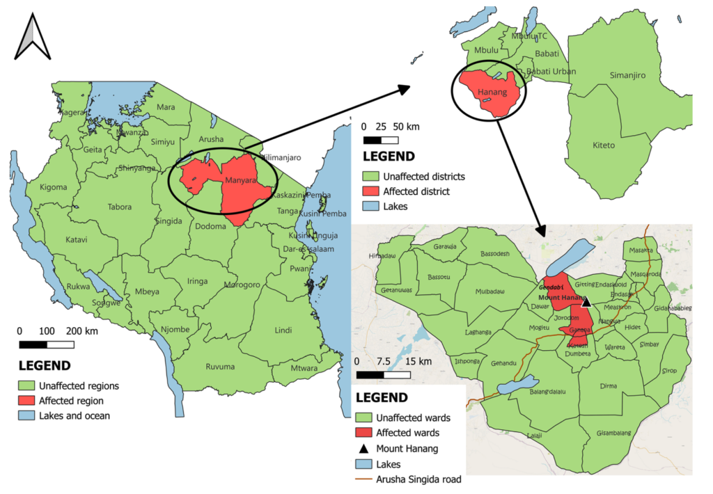 Figure 1: Map of flood-affected areas in Hanang District, Manyara Region, December 2023