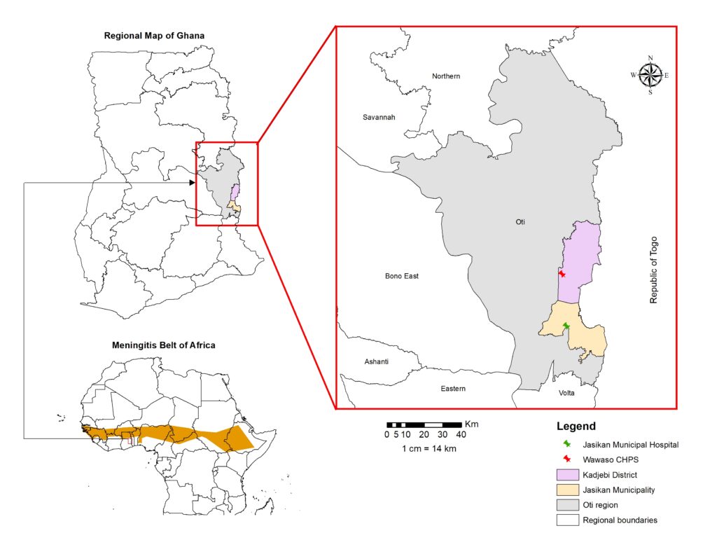 Figure 1: Map showing the Oti Region of Ghana within the context of the African Meningitis Belt, identifying Kadjebi District, Jasikan Municipality, and the specific health facilities involved in case detection and response