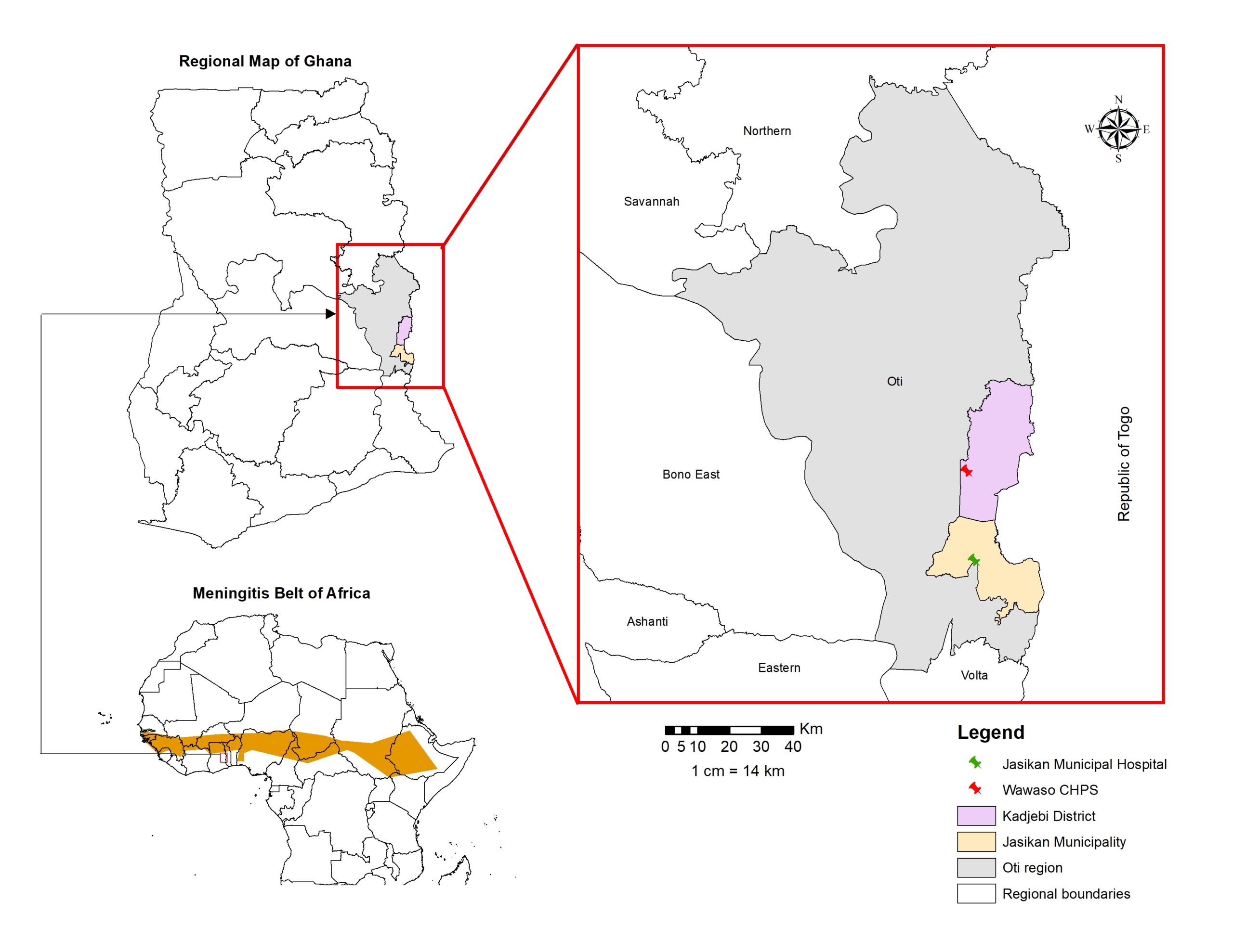 Figure 1: Map showing the Oti Region of Ghana within the context of the African Meningitis Belt, identifying Kadjebi District, Jasikan Municipality, and the specific health facilities involved in case detection and response