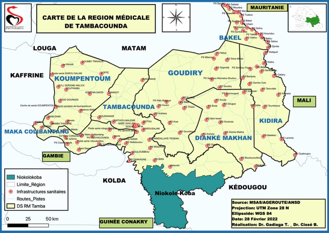 Figure 1 : Carte sanitaire de la région de Tambacounda en 2021, source région médicale de tambacounda