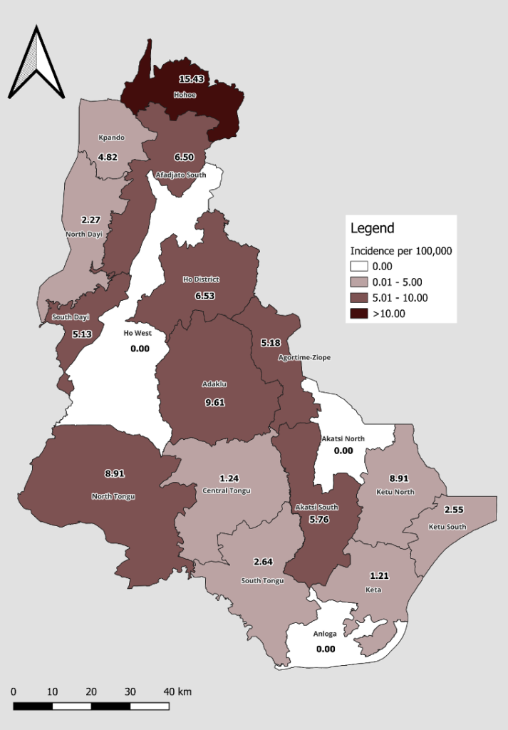 Figure 2: Incidence of leprosy by district of residence, Volta Region, 2019-2023