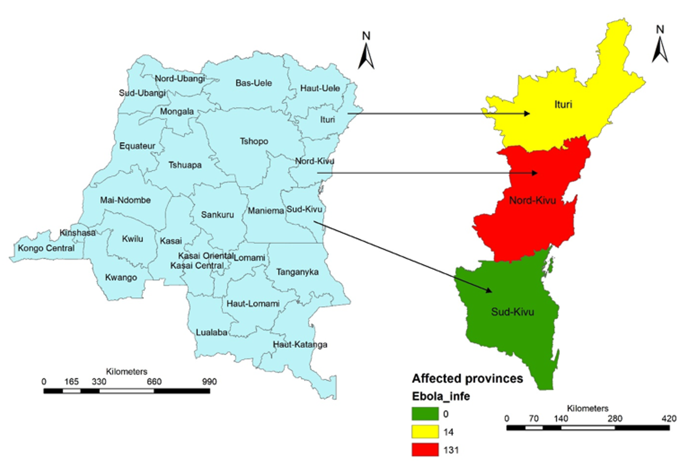 Figure 1. Spatial distribution of HCWs infected with Ebola in DR Congo, 2018 - 2020