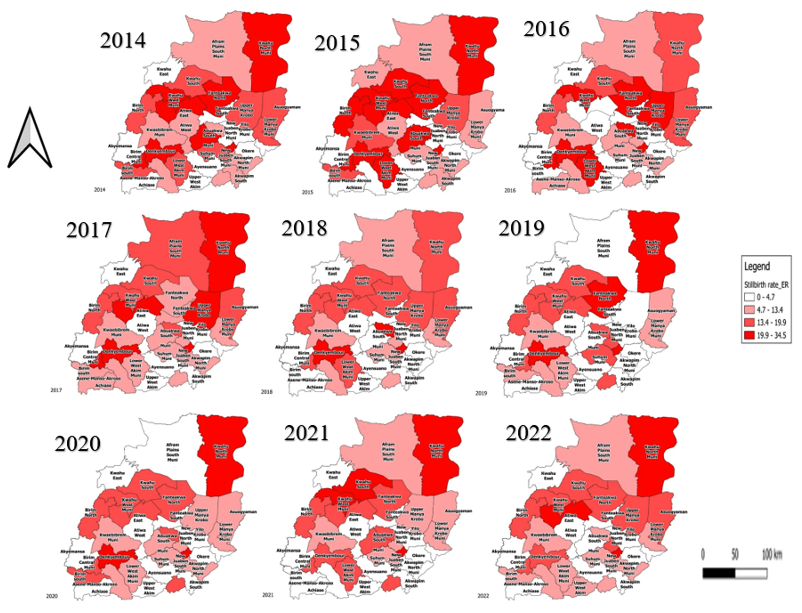 Figure 3: Distribution of stillbirths among 33 districts in the Eastern Region from 2014 to 2022.