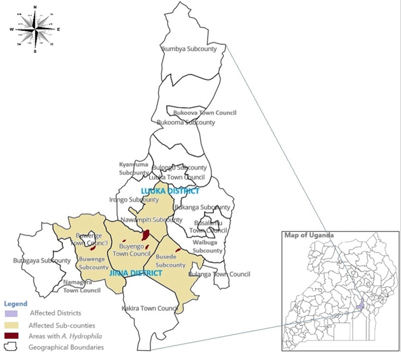 Figure 1. Spatial distribution of Aeromonas hydrophila cases by place of origin