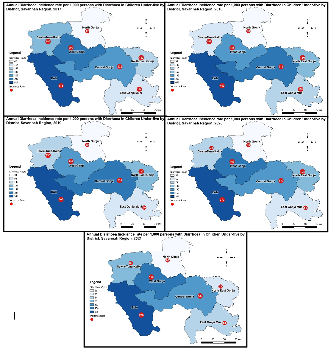 Figure 1: Map showing annual incidence rates per 1000 persons of diarrhoea cases in children under-five by district, Savannah Region, 2017-2021