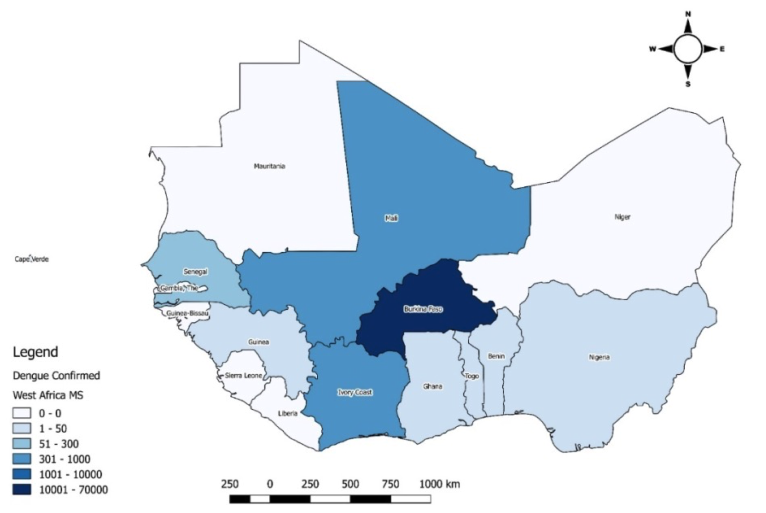 Figure 1: Spatial distribution of dengue fever cases in ECOWAS 2023