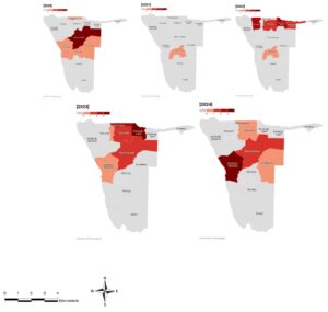 Figure 1: Geographical distribution of measles Incidence in Namibia 2020- 2024