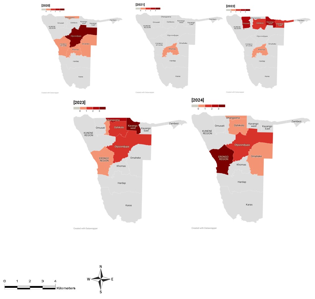 Figure 1: Geographical distribution of measles Incidence in Namibia 2020- 2024