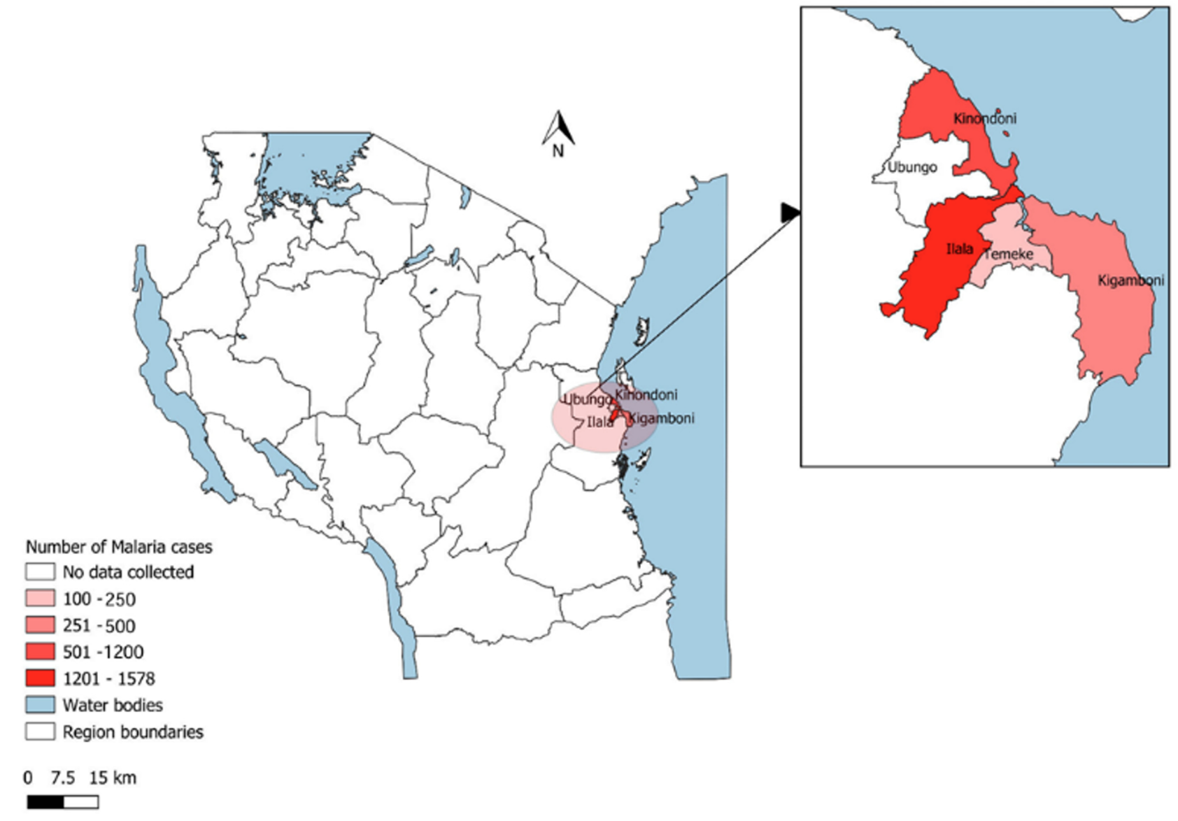 Figure 1. Distribution of confirmed malaria cases per council, January to 23rd June 2023, Dar es Salaam