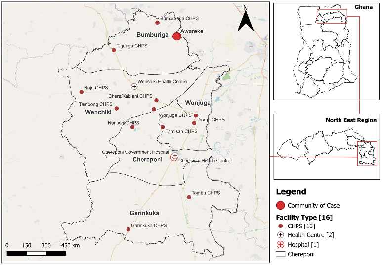 Figure 1: Map of Chereponi district showing the CHPS compounds and the community of the dog bite case, 2024