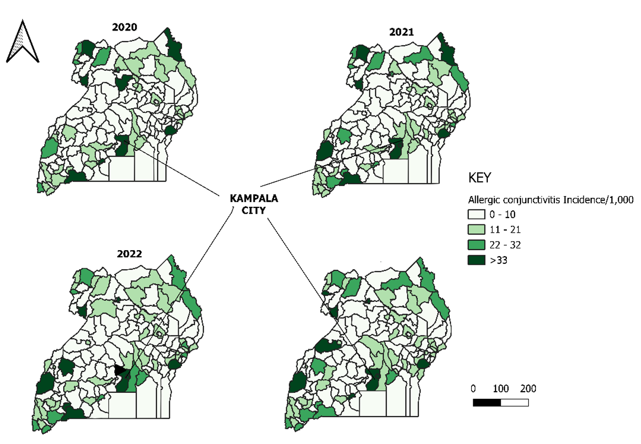 Figure 2: Spatial patterns and distribution of allergic conjunctivitis, Uganda, 2020-2023