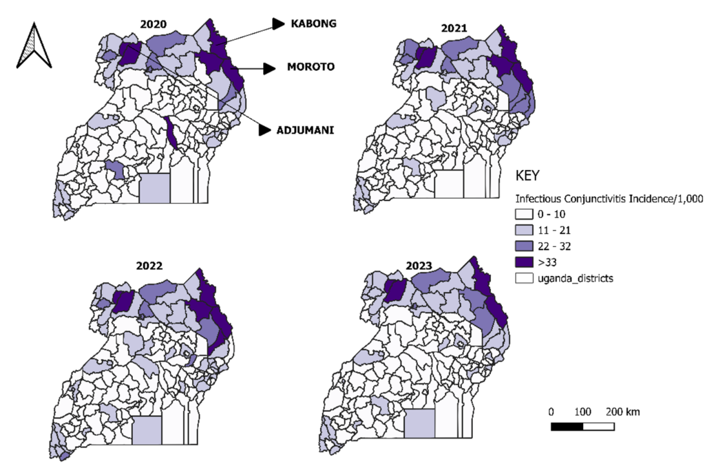 Figure 3: Spatial and temporal patterns of infectious conjunctivitis, Uganda, 2020-2023