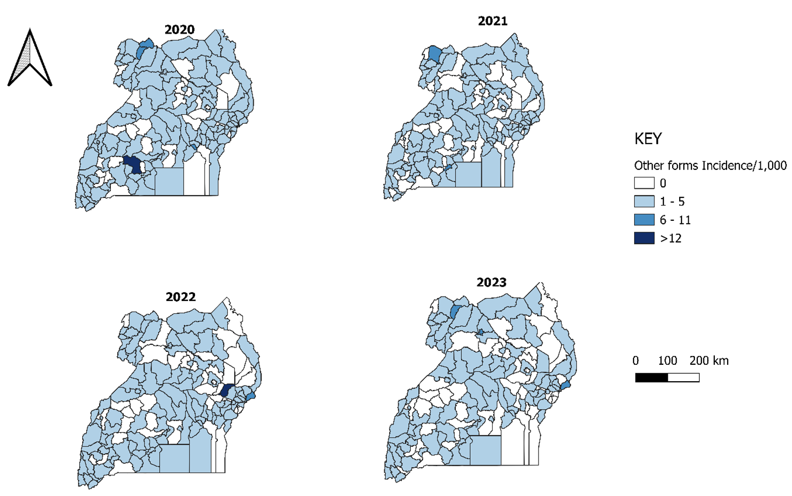 Figure 4: Spatial patterns and distribution of other forms of conjunctivitis, Uganda, 2020-2023
