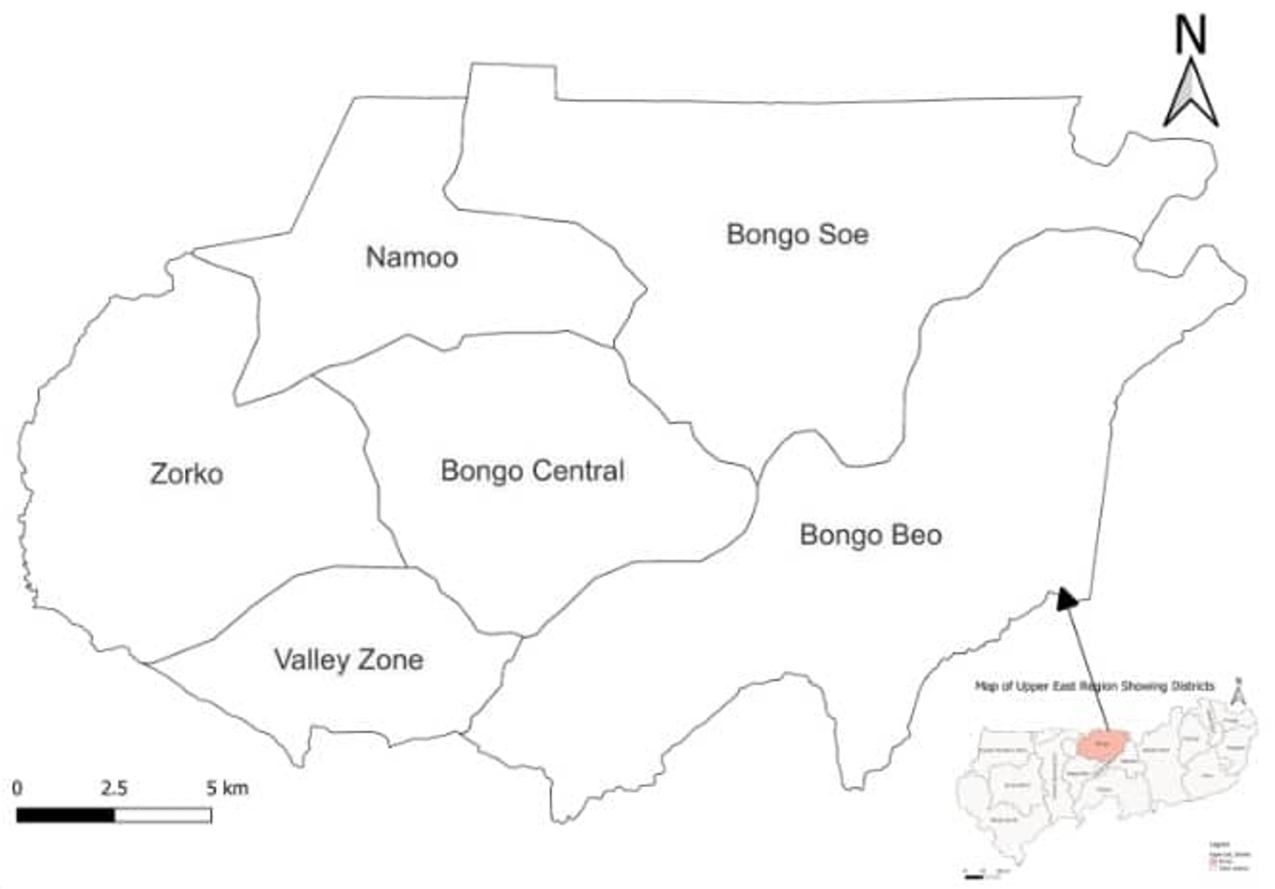 Figure 1: Map of Bong District in the Upper East Region