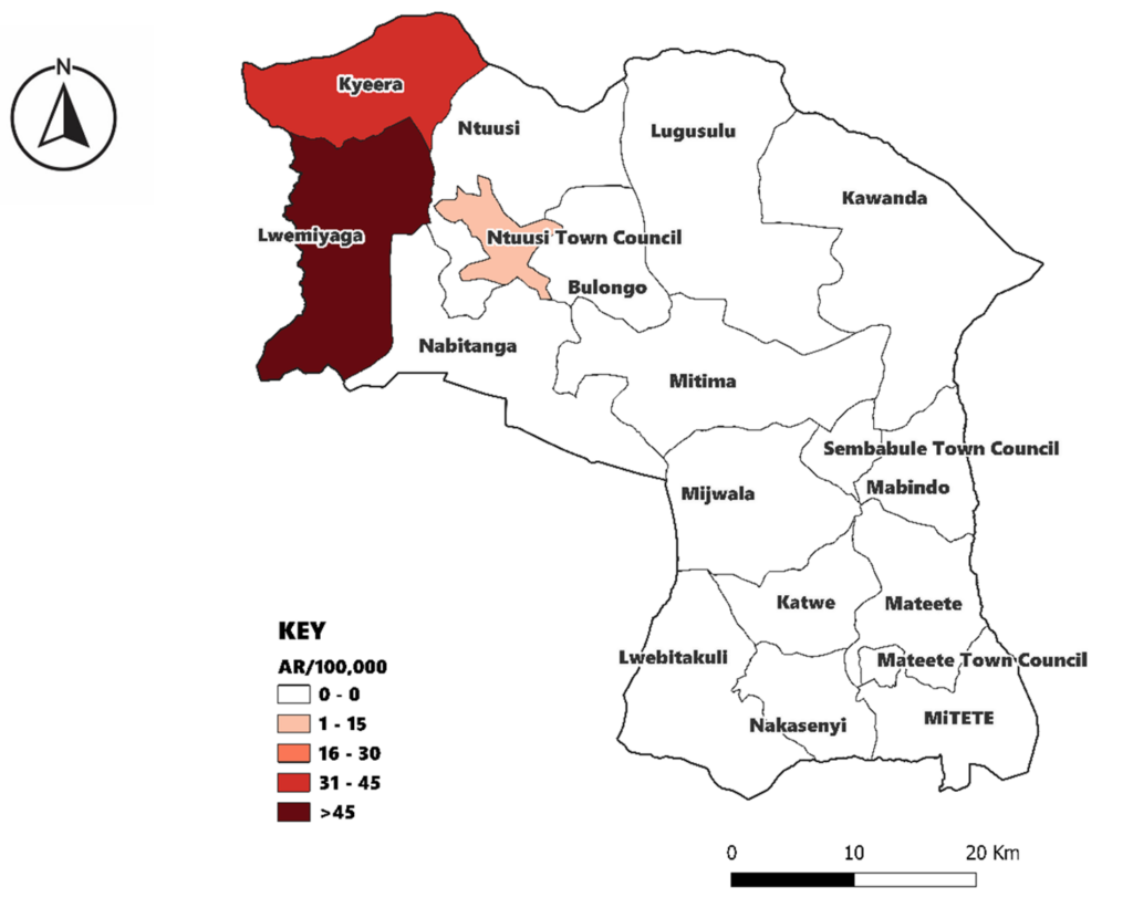 Figure 3: Anthrax attack rates per 100,000 population in affected subcounties during an anthrax outbreak in Sembabule District, Uganda, December 2024