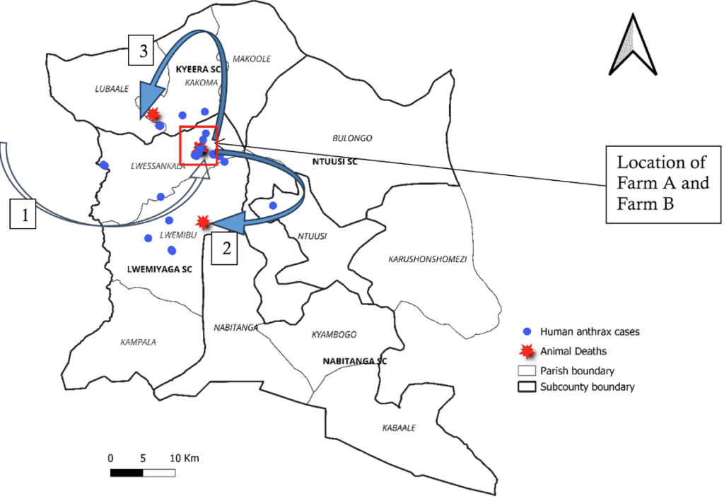 Figure 5: Spread of anthrax to different parishes during the outbreak in Sembabule District, October – December 2024