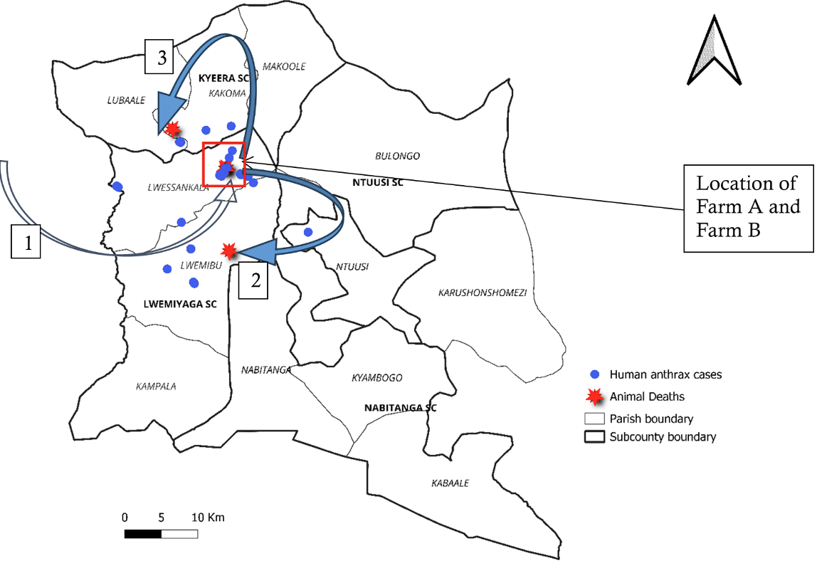 Figure 5: Spread of anthrax to different parishes during the outbreak in Sembabule District, October – December 2024