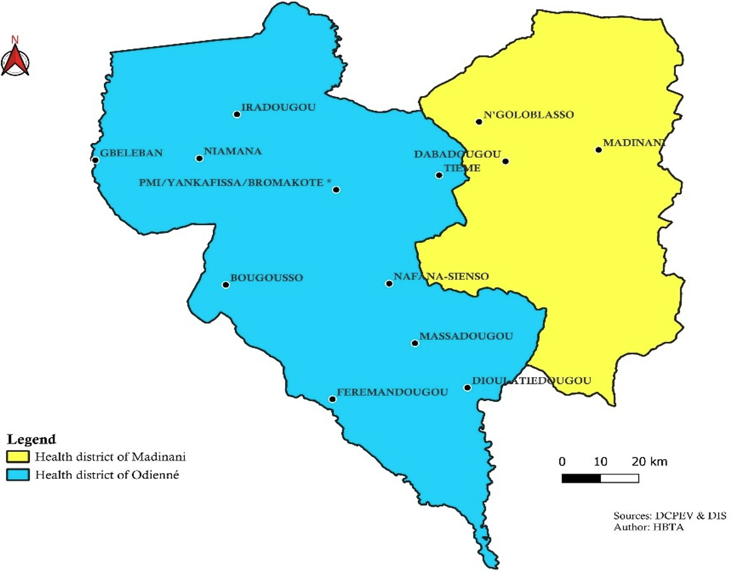 Figure 1: Distribution of health zones in hepatitis B birth vaccination survey, Kabadougou, 2025. PMI/YANKAFISSA/BROMAKOTE* corresponds to the three selected health areas in the municipality of Odienné. These are the Maternal and Child Protection of Odienné, the Urban Dispensary of Yankafissa and the Urban Dispensary of Bromakoté. DCPEV corresponds to the Directorate for the coordination of the expanded vaccination program DIS corresponds to the Health Information Directorate