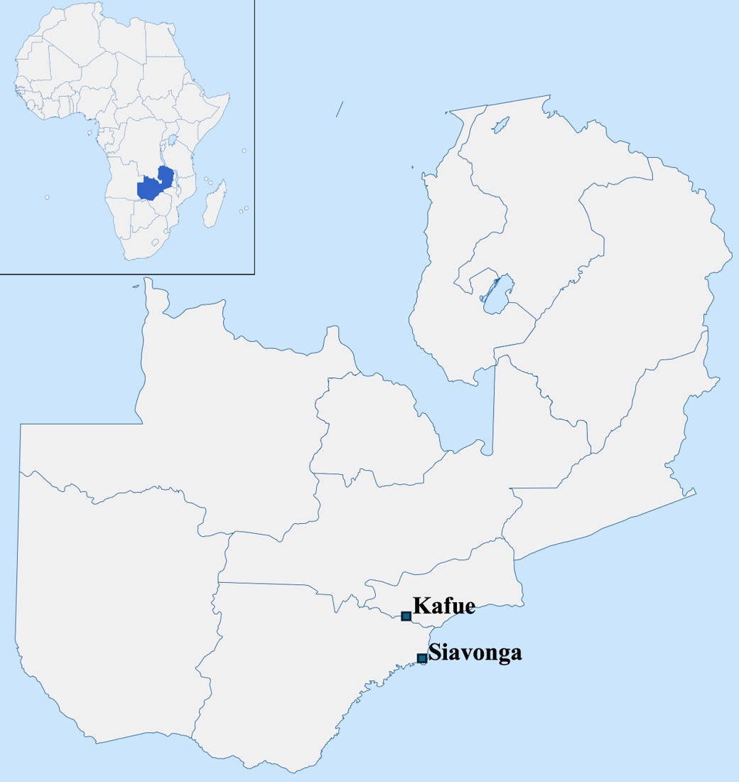Figure 1: Map of Zambia highlighting the districts where fish samples were collected, with sampling locations marked in red