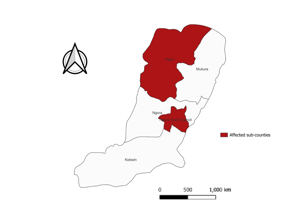 Figure 1: Map of Ngora district showing sub-counties where the outbreak was reported