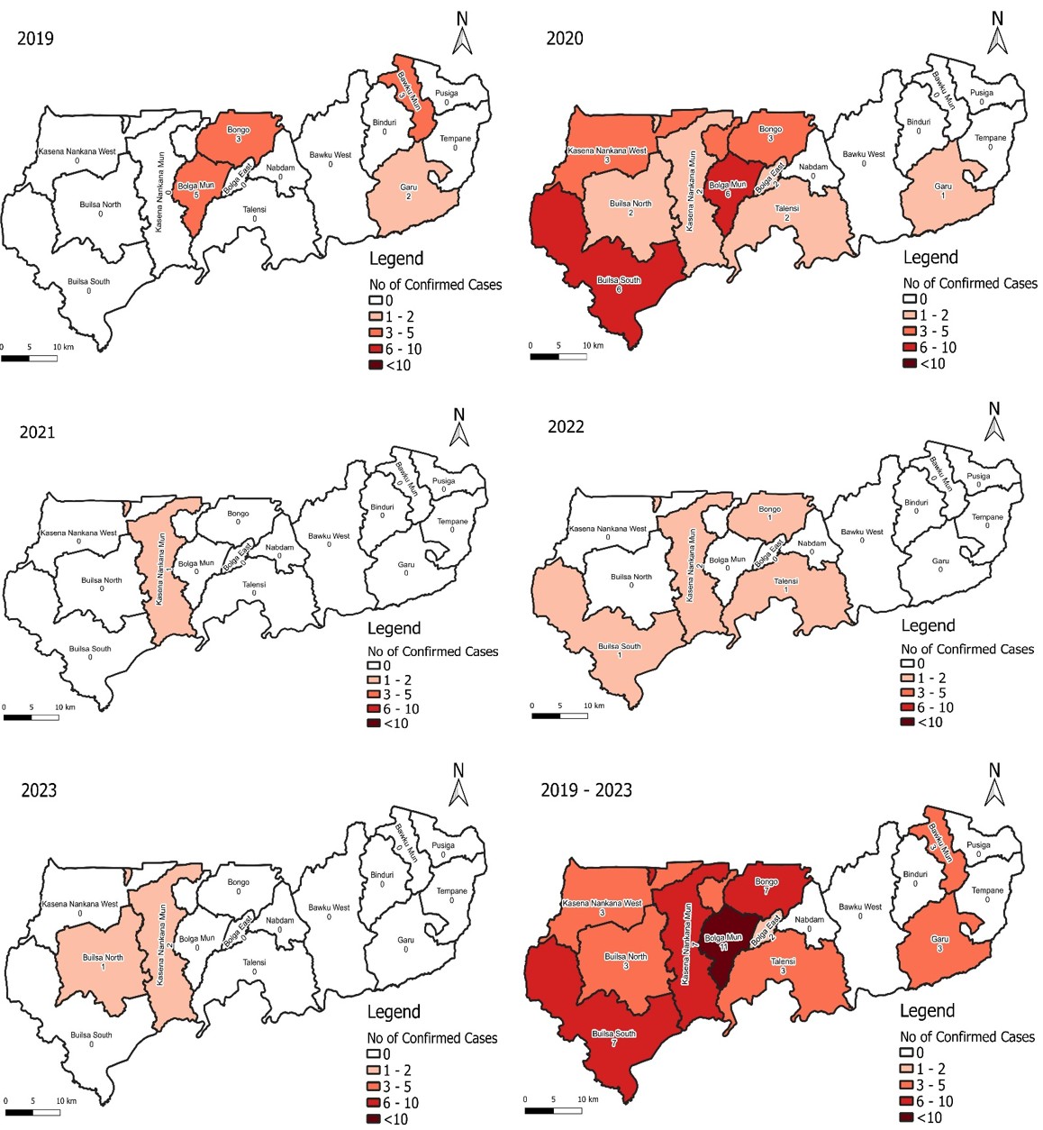Figure 3: Geographical distribution of confirmed meningitis cases reported, Upper East Region, 2019-2023