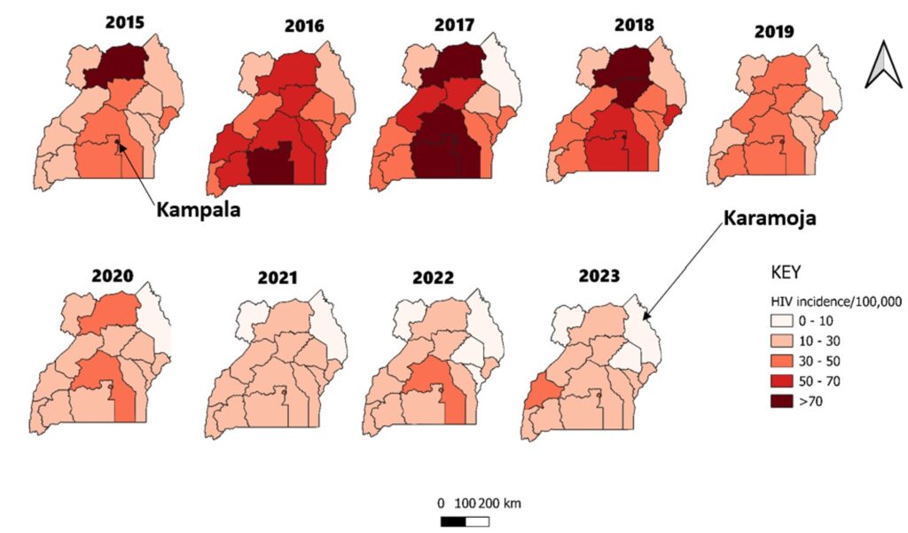 Figure 3: Spatial distribution of diagnosed HIV incidence among children 0-14 years by region, Uganda, 2015–2023