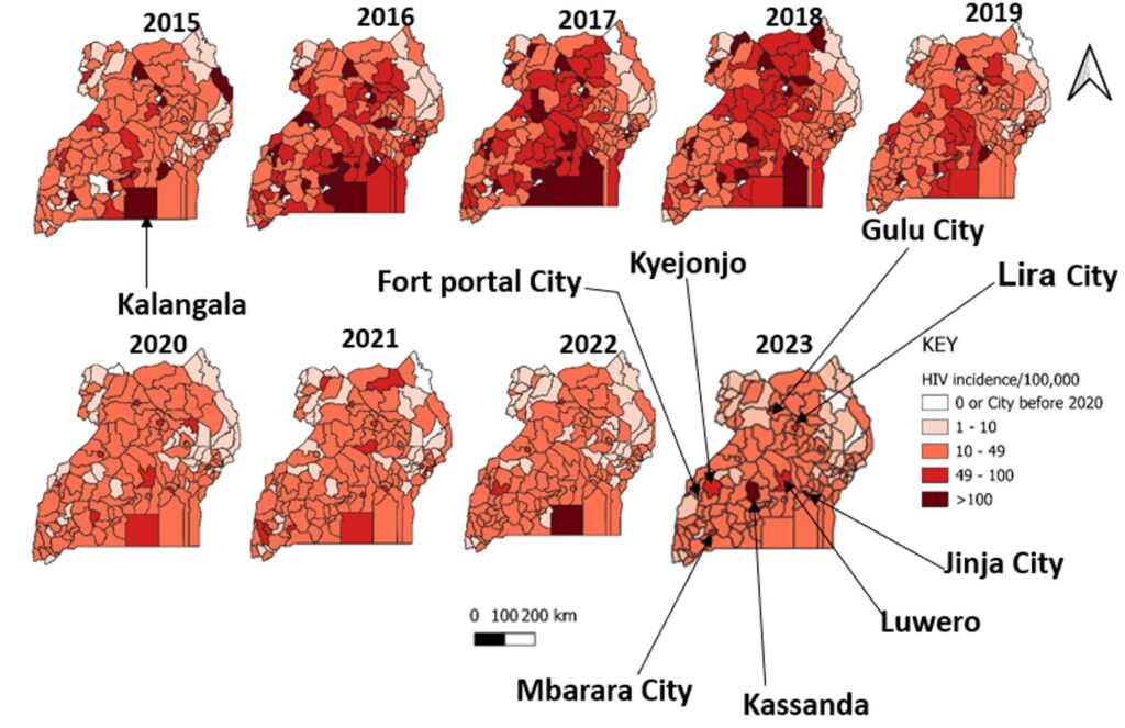 Figure 4: Spatial distribution of diagnosed HIV incidence among children aged 0-14 years, by district, Uganda, 20152023