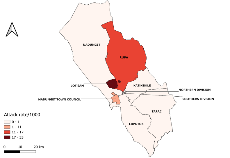Figure 1: Measles attack rate by selected sub-counties in Moroto district from April to July 2024