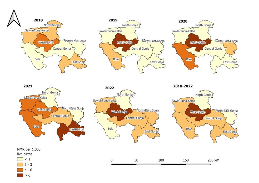 Figure 2: Geographical variation of neonatal mortality rate in the Savannah Region, 2018-2022