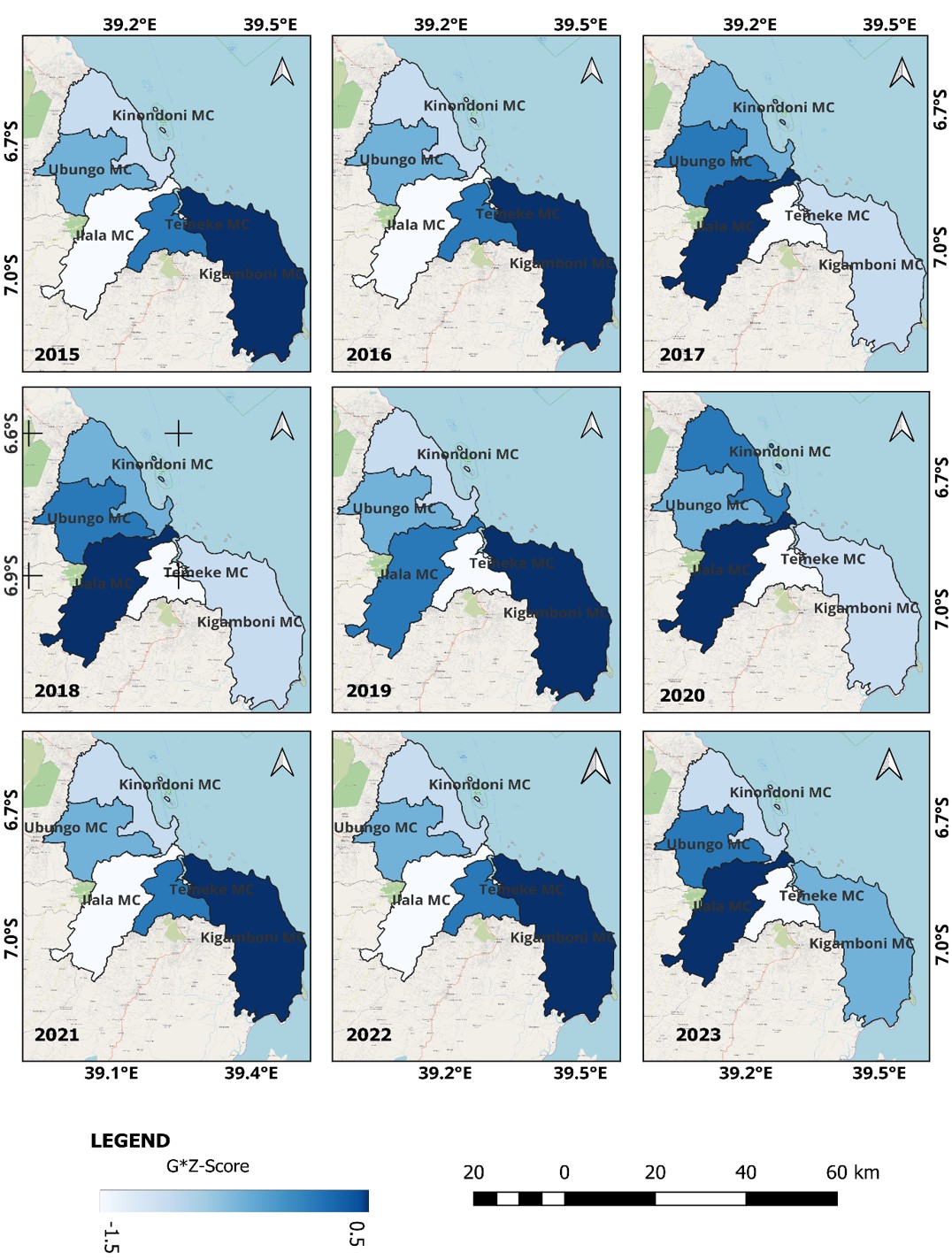 Figure 5 : Spatio-temporal distribution of rainfall hotspots in Dar es Salaam, 2015 - 2023