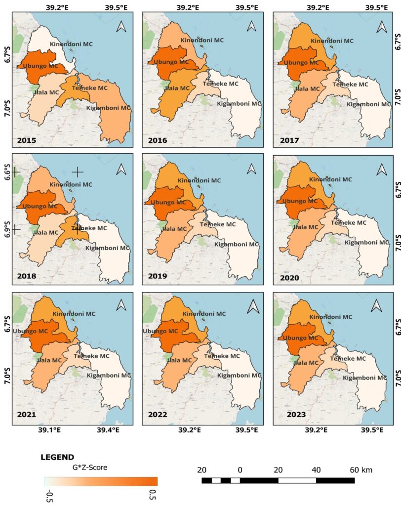Figure 6 : Spatio-temporal distribution of temperature hotspots in Dar es Salaam, 2015 – 2023
