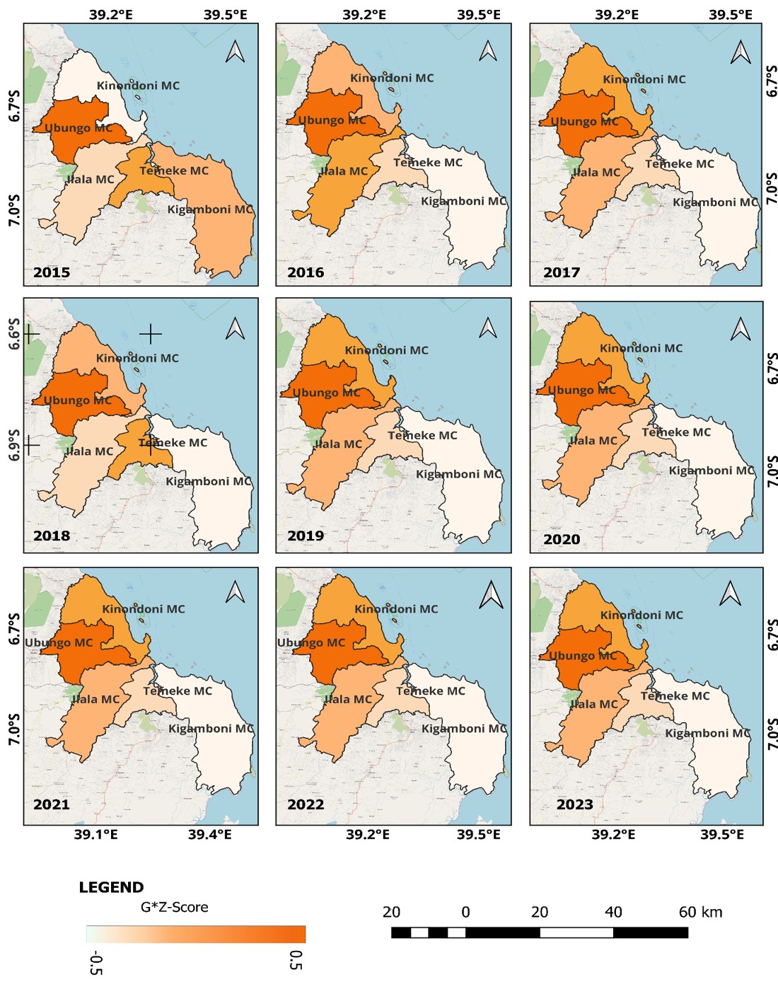 Figure 6 : Spatio-temporal distribution of temperature hotspots in Dar es Salaam, 2015 – 2023