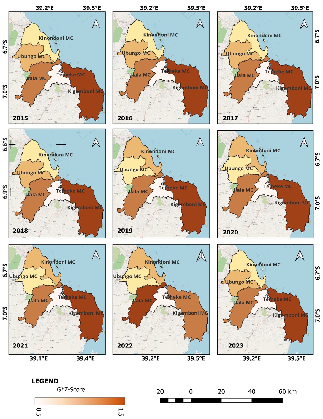 Figure 8: Spatio-temporal distribution of malaria cases hotspots in Dar es Salaam, 2015 - 2023