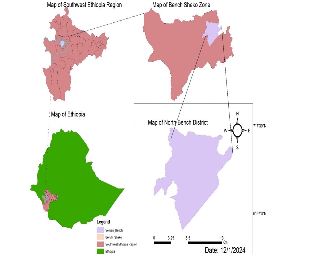 Figure 1: The map of the North Bench District where the study was conducted, Southwest Ethiopia, 2024