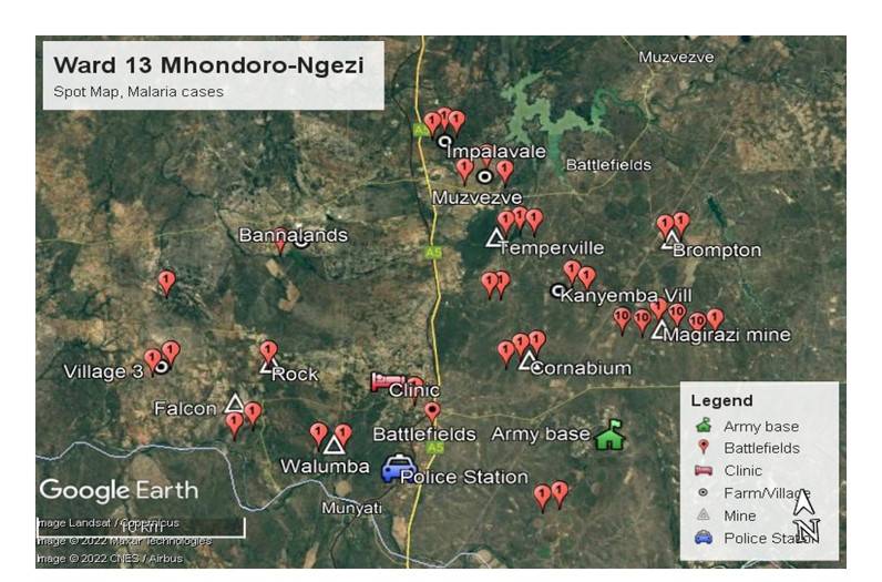 Figure 2: Spatial distribution of cases,  Ward 13 Mhondoro Ngezi District, 2022